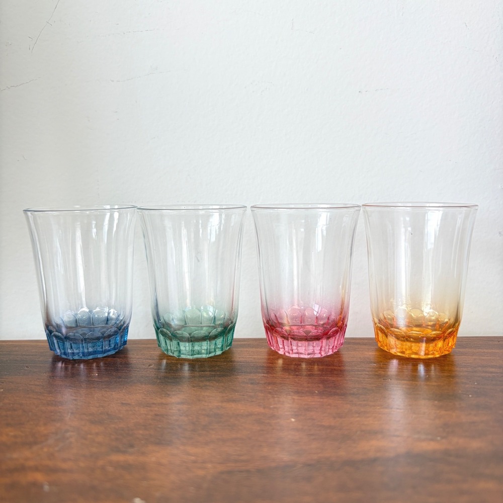 Vintage French Ombre Glass Shot Glasses Set of 4 Faceted Base Multi Color